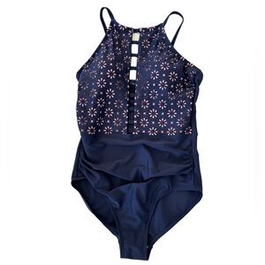 Kona Sol Laser Cut High Neck Ladder One Piece Swimsuit size Medium Navy and Pink
